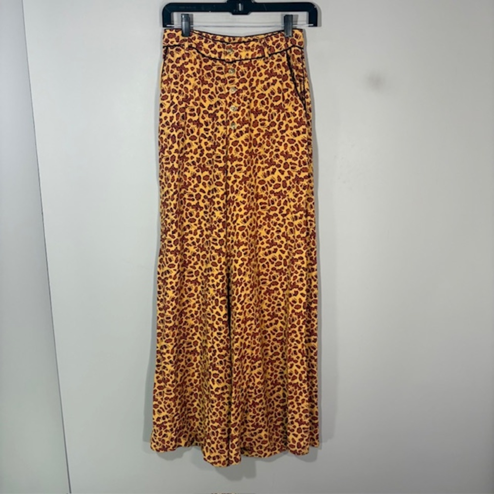 Free People Pants Womens 0 Yellow Viscose Wide Leg Button Fly Leopard Print